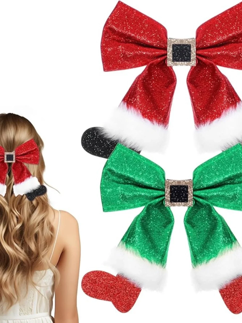Christmas Glitter Bow Hair Clips Set of 2 Red Green Sequin Santa Holiday NWOT